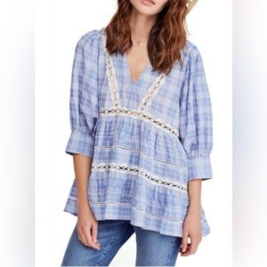 Free People ~ Size S ~ Time Out Lace Blue Plaid 3/4 Sleeve Oversized Tunic